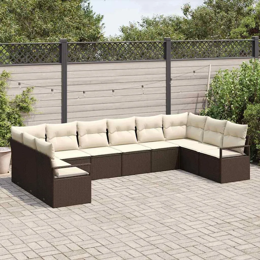 Ensemble de canapé de jardin 10 pcs Marron et blanc polyrotin - 3