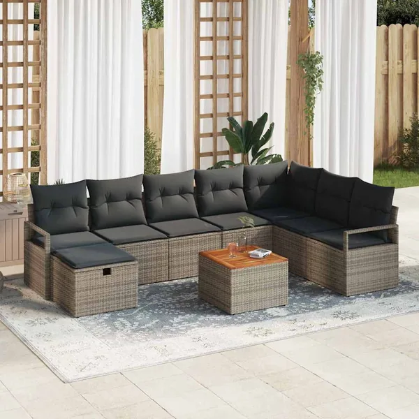 Ensemble de canapé de jardin avec coussin 9 pcs Gris Poly rotin