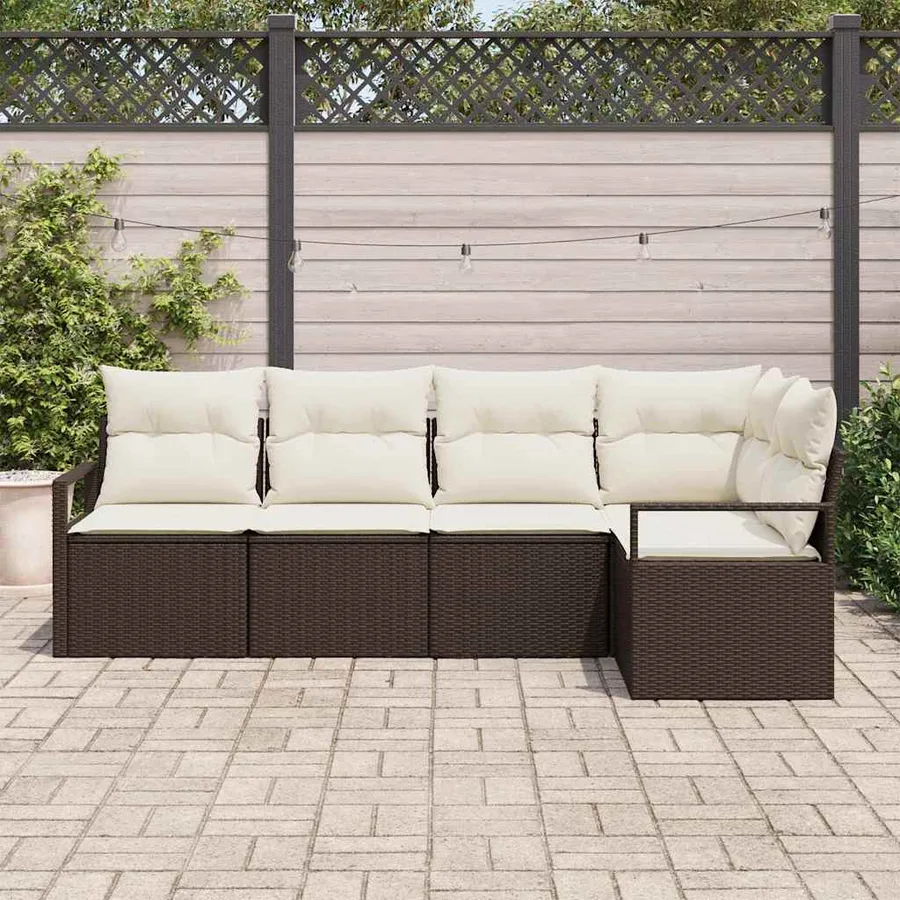 Ensemble de canapé de jardin 5 pcs Marron et blanc polyrotin - 3