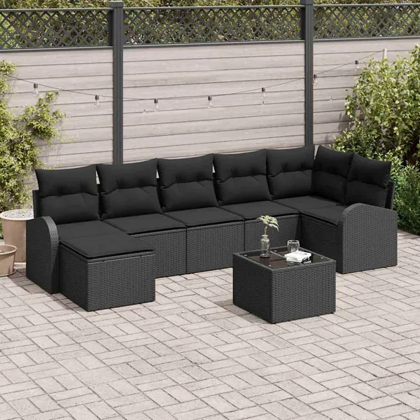 Ensemble de canapé de jardin avec coussin 8 pcs Noir Poly rotin