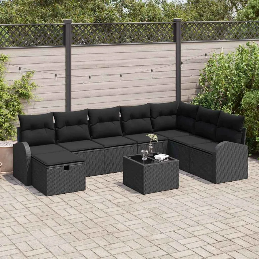 Ensemble de Canapés avec coussin avec stockage Noir polyrotin