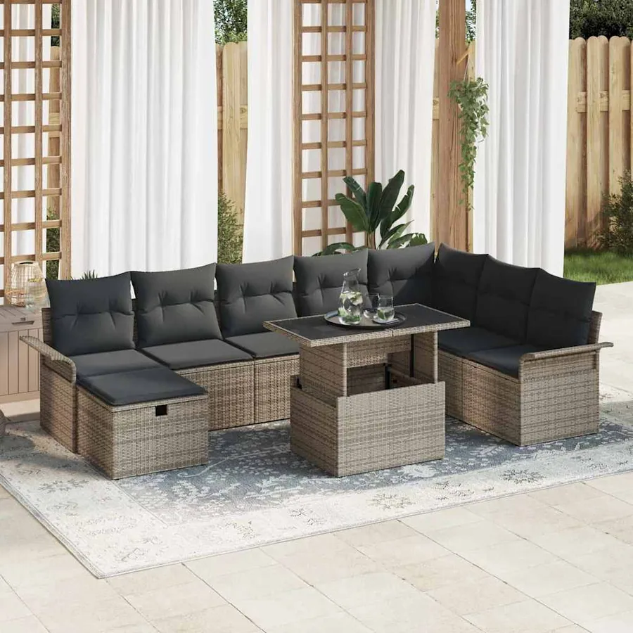 Ensemble de canapé de jardin avec coussin 9 pcs Gris Poly rotin