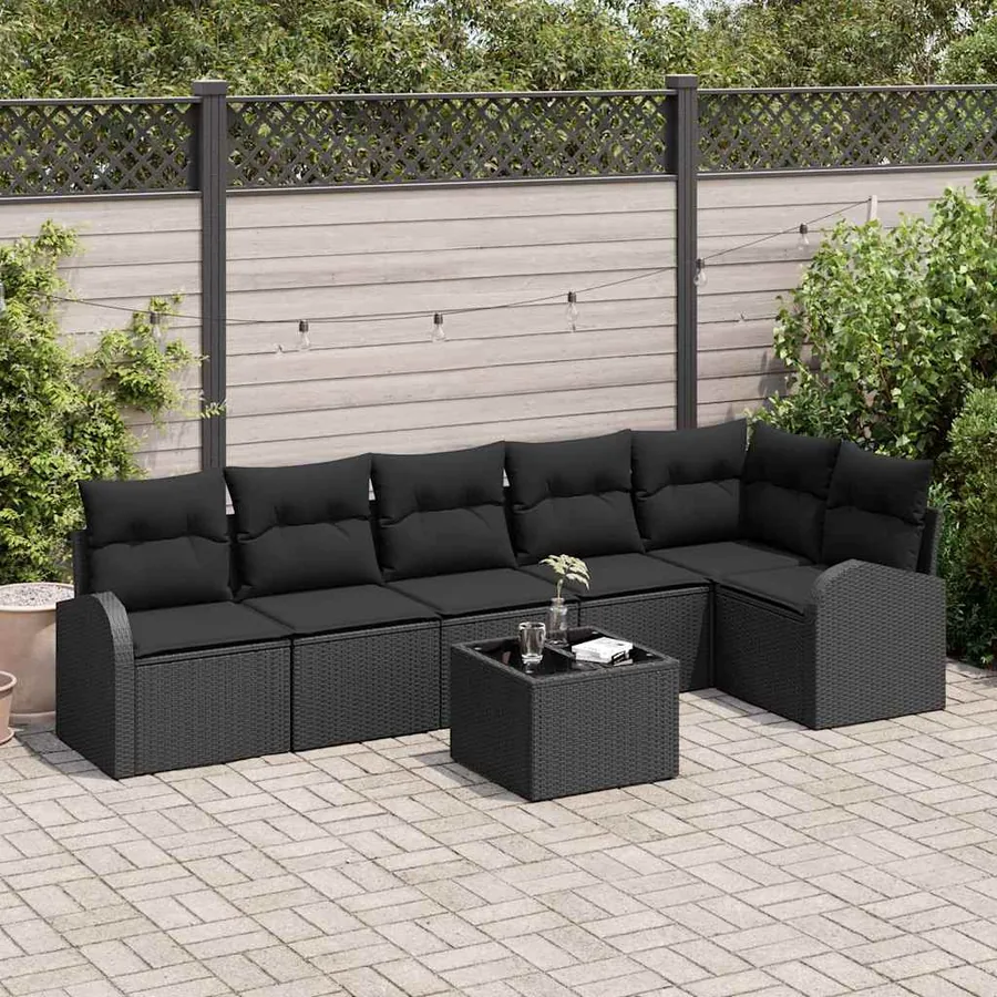 Ensemble de canapé de jardin avec coussin 7 pcs Noir Poly rotin