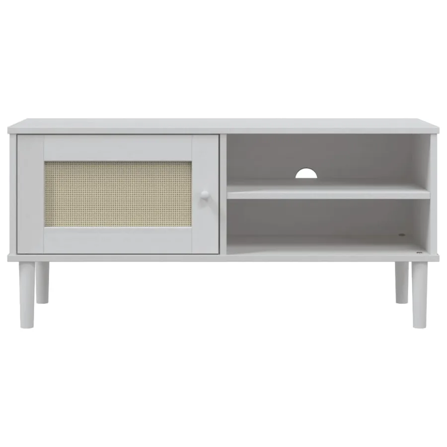 Meuble TV SENJA aspect rotin blanc 106x40x49cm bois massif pin - 5