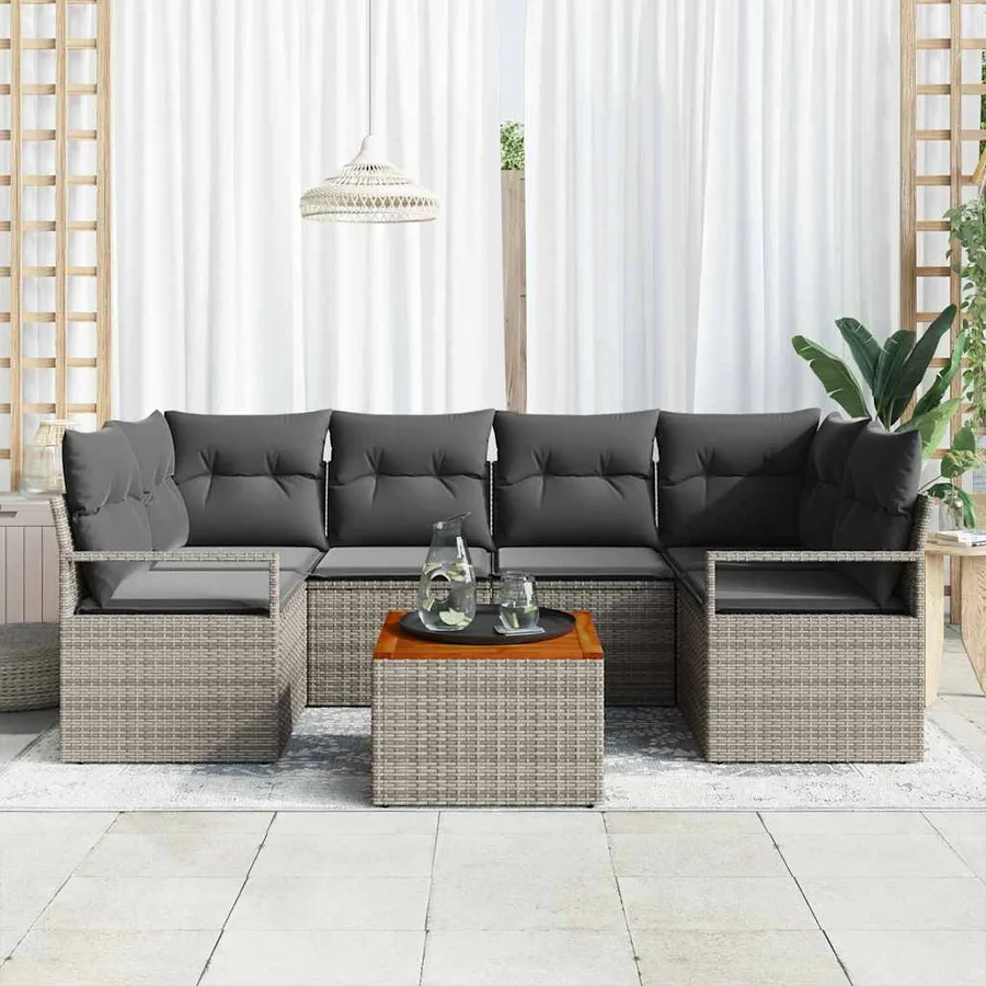 Ensemble de canapé de jardin avec coussin 7 pcs Gris polyrotin - 3