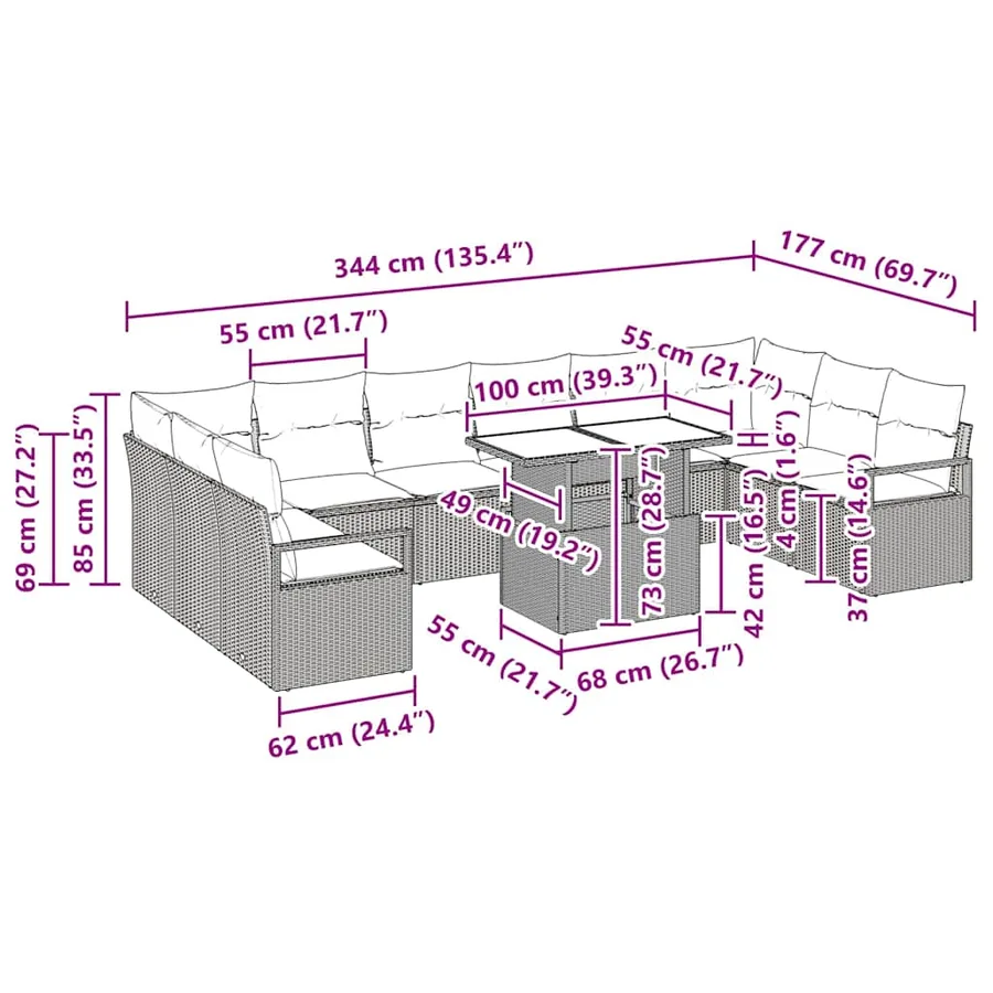 Ensemble de canapé de jardin avec coussin 11 pcs Gris polyrotin - 11