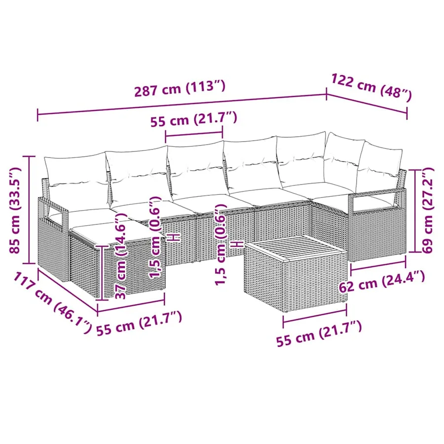 Ensemble de canapé de jardin avec coussin 8 pcs Noir polyrotin - 8