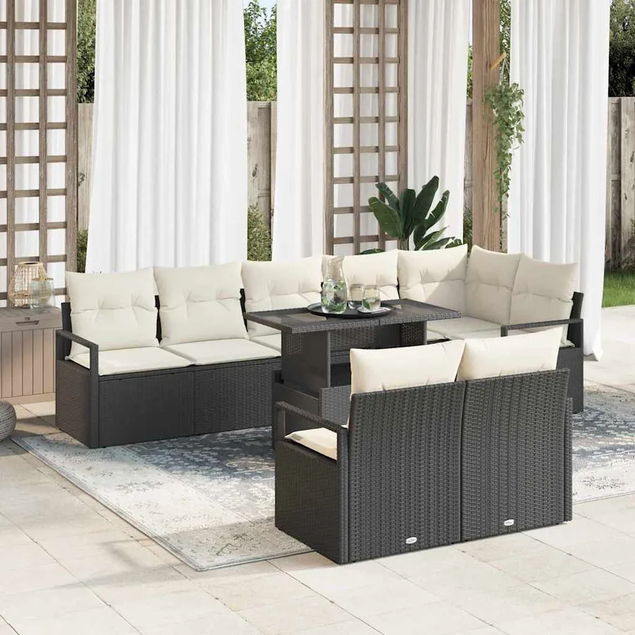 Ensemble de canapé de jardin 9 pcs Noir et Crème polyrotin