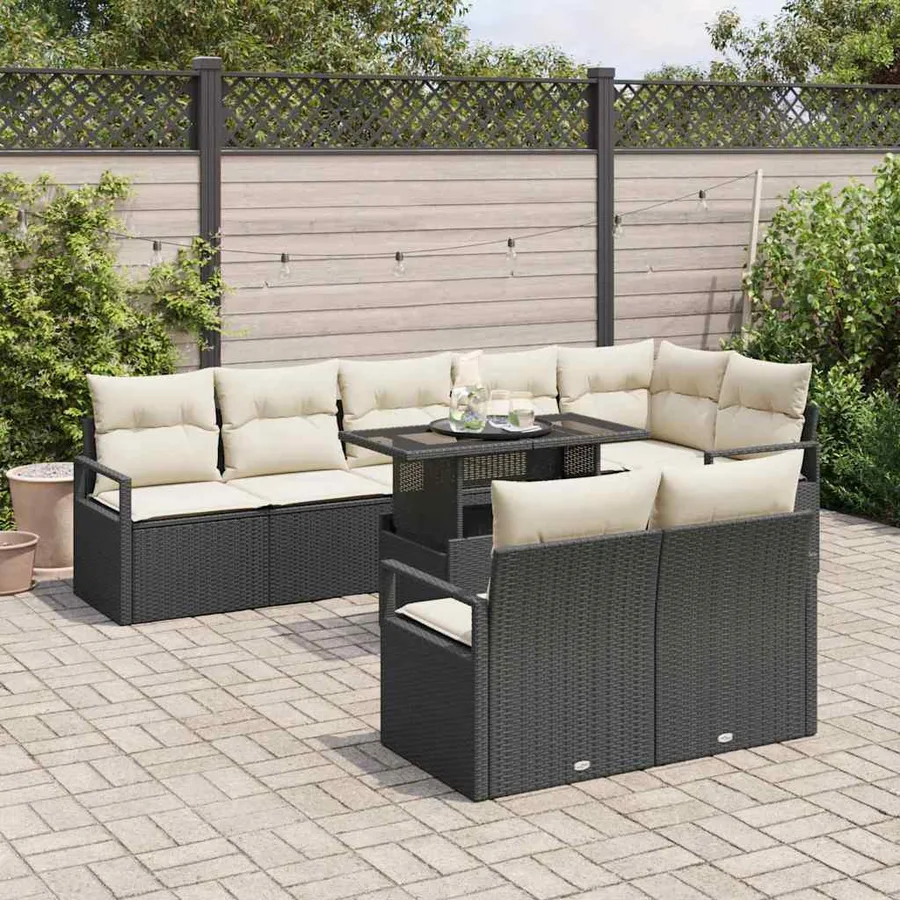 Ensemble de canapé de jardin 9 pcs Noir et Crème polyrotin - 3