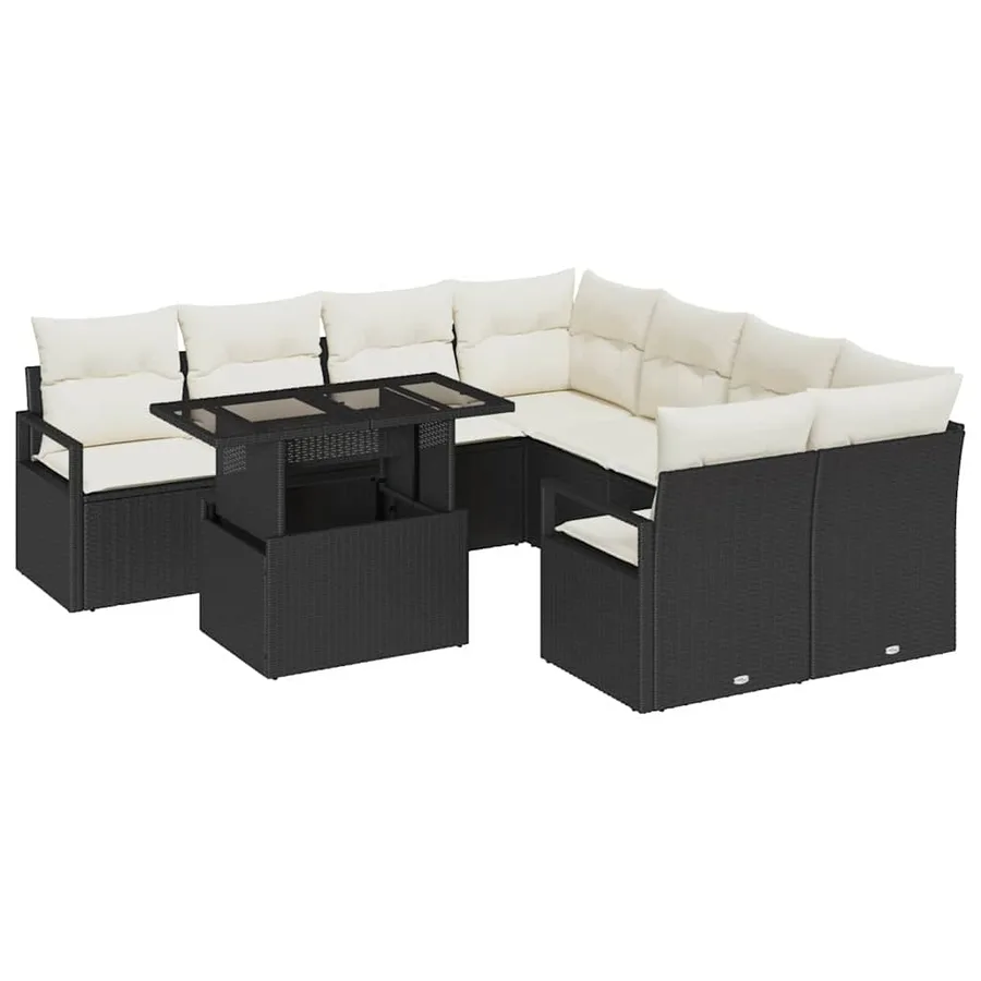 Ensemble de canapé de jardin 9 pcs Noir et Crème polyrotin - 2