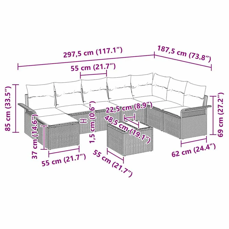 Ensemble de canapé de jardin avec coussin 9 pcs Noir Poly rotin - 19