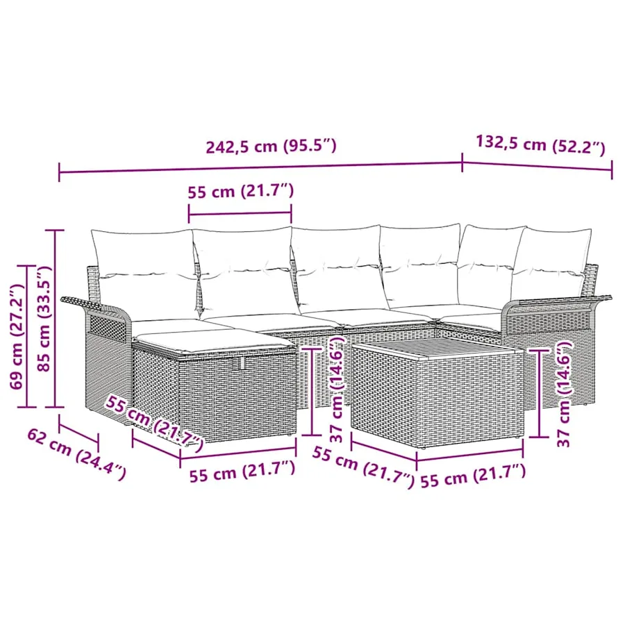 Ensemble de canapé de jardin avec coussin 7 pcs Noir polyrotin - 11