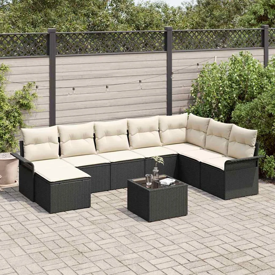 Ensemble de canapé de jardin avec coussin 9 pcs Noir Poly rotin