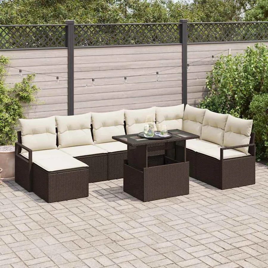 Ensemble de canapé de jardin avec coussin 9 pcs Marron et crème