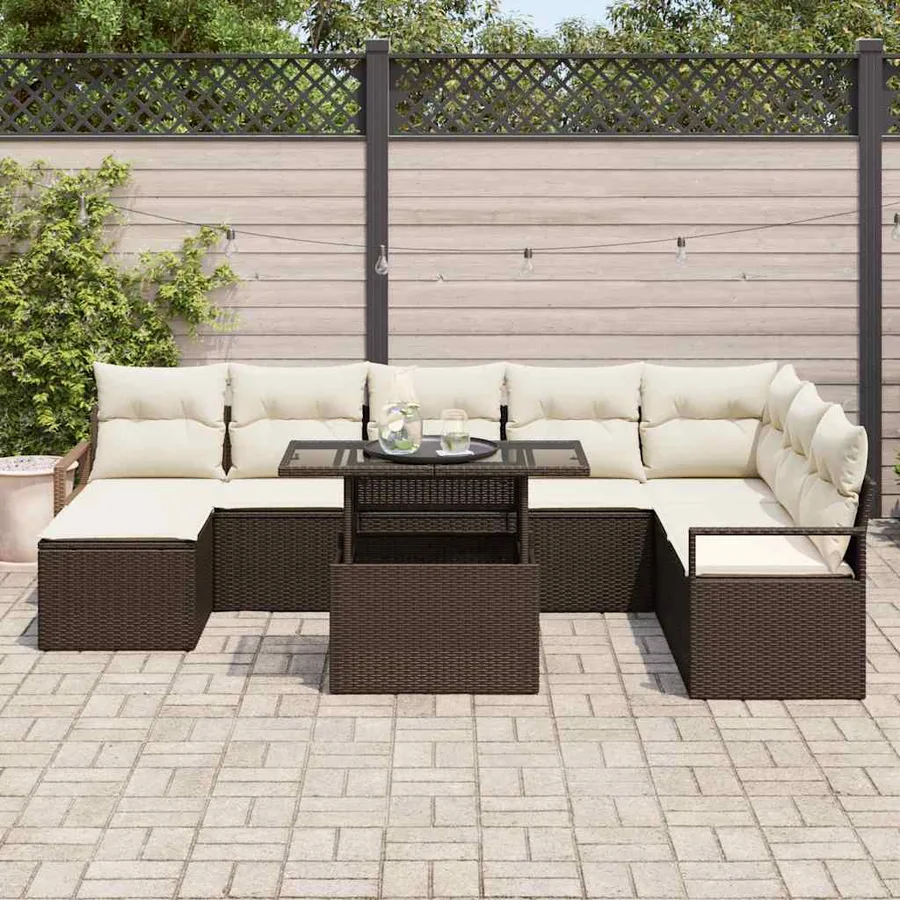 Ensemble de canapé de jardin avec coussin 9 pcs Marron et crème - 3