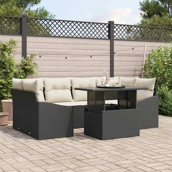 Ensemble de canapé de jardin 7 pcs Noir et crème polyrotin