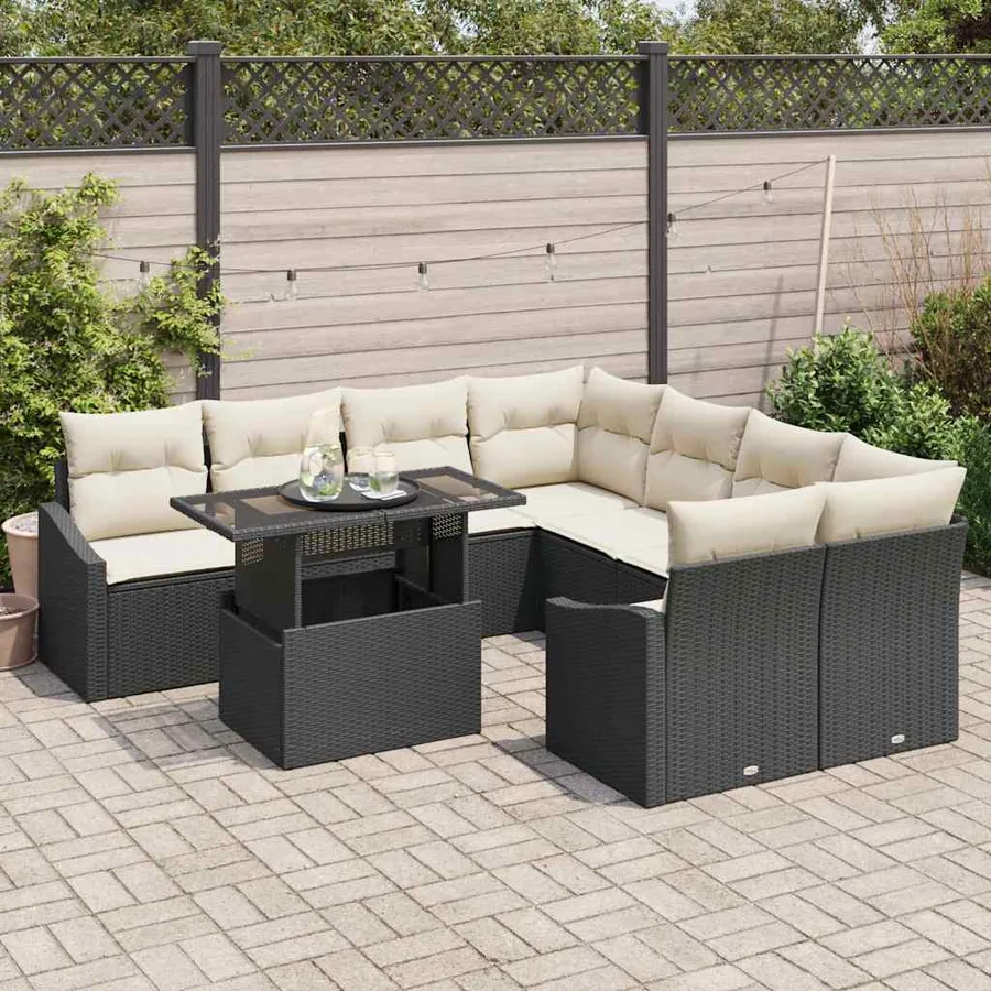 Ensemble de canapé de jardin 9 pcs Noir et Crème polyrotin - 3