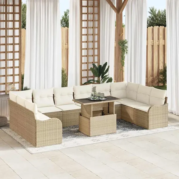 Ensemble de canapé de jardin 11 pcs Beige Poly Rattan