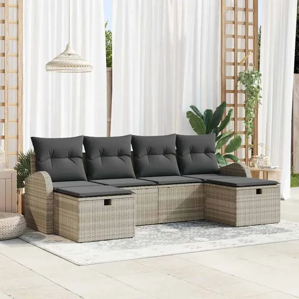 Ensemble de Canapés avec coussin 6 pcs Gris clair polyrotin