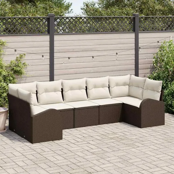 Ensemble de canapé de jardin 7 pcs Marron et blanc polyrotin