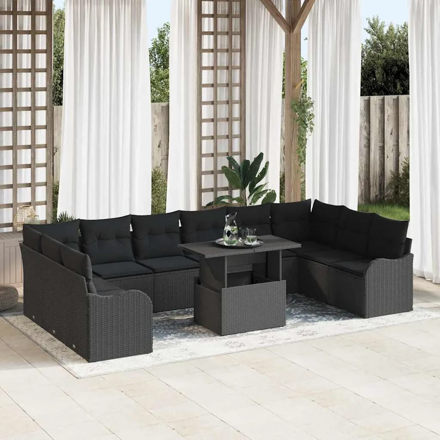 Ensemble de canapé de jardin 11 pcs Noir Poly Rattan