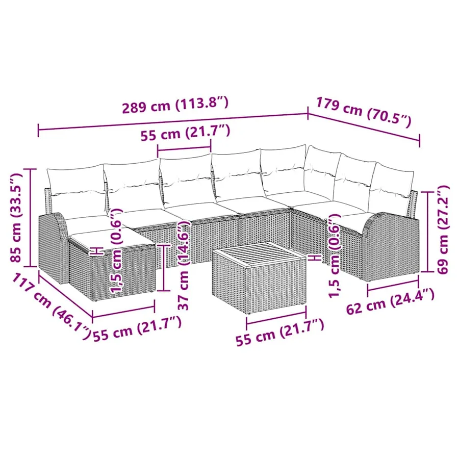 Ensemble de canapé de jardin 9 pcs Beige et Gris clair - 16