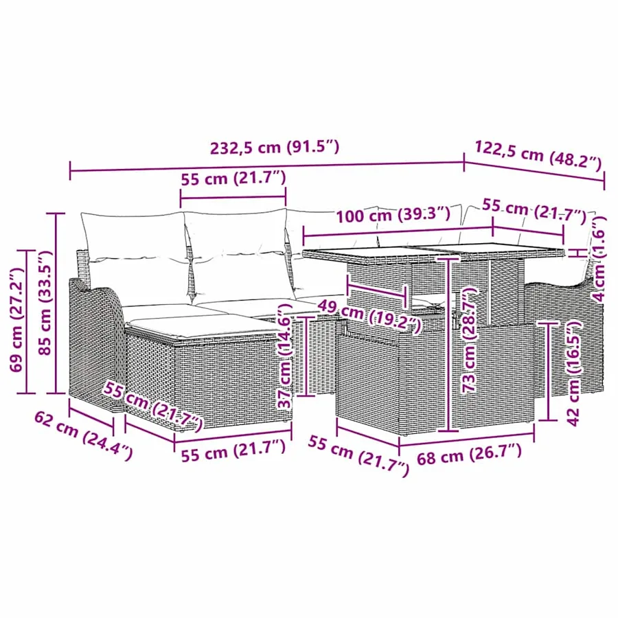 Ensemble de canapé de jardin avec coussin 7 pcs Noir Poly rotin - 17