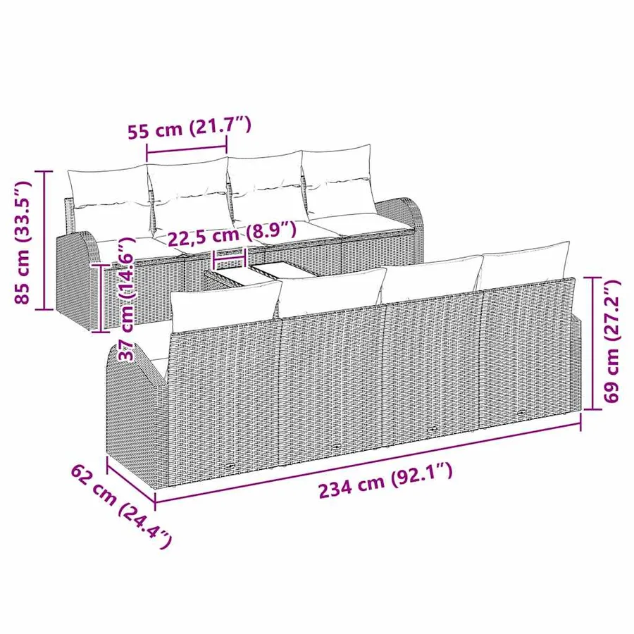 Ensemble de canapé de jardin 9 pcs Marron et Crème polyrotin - 11