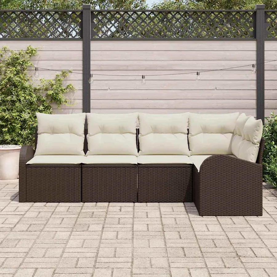 Ensemble de canapé de jardin 5 pcs Marron et blanc polyrotin - 3