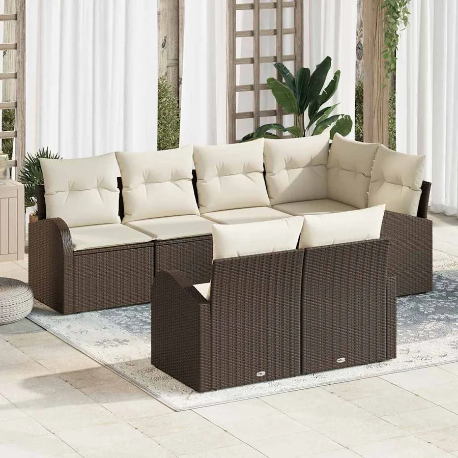 Ensemble de canapé de jardin 7 pcs Marron et blanc polyrotin