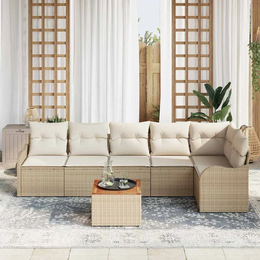 Ensemble de canapé de jardin avec coussin 7 pcs Beige polyrotin - 3