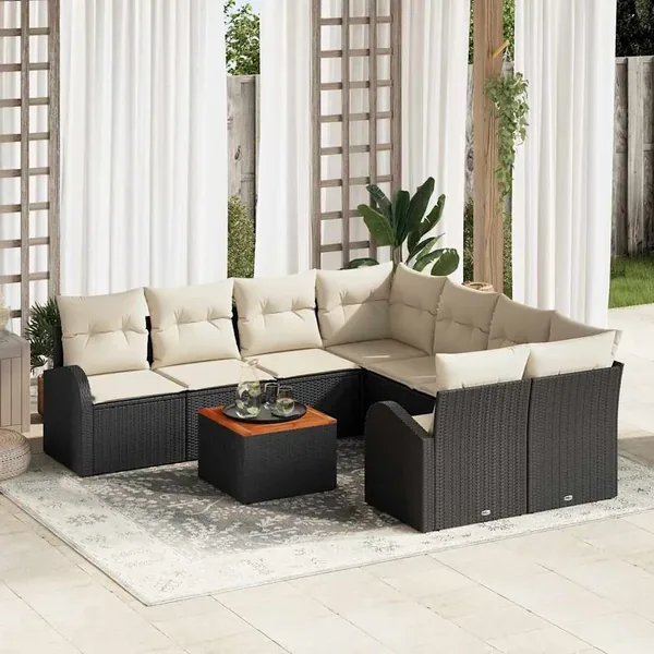 Ensemble de canapé de jardin avec coussin 9 pcs Noir polyrotin