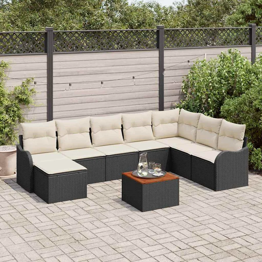 Ensemble de canapé de jardin 9 pcs Noir et Crème polyrotin