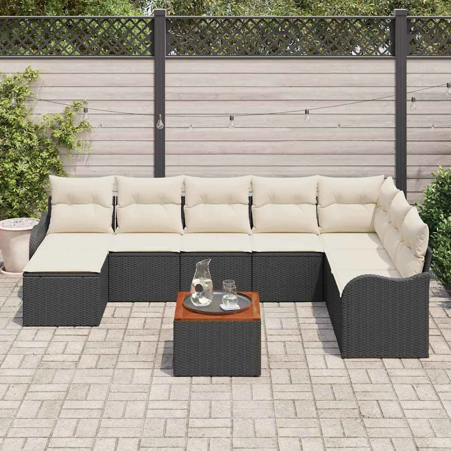 Ensemble de canapé de jardin 9 pcs Noir et Crème polyrotin - 3