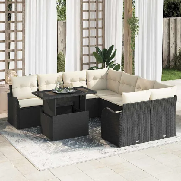 Ensemble de canapé de jardin avec coussin 9 pcs Noir Polyrotin