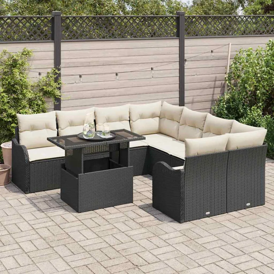 Ensemble de canapé de jardin avec coussin 9 pcs Noir Polyrotin - 3