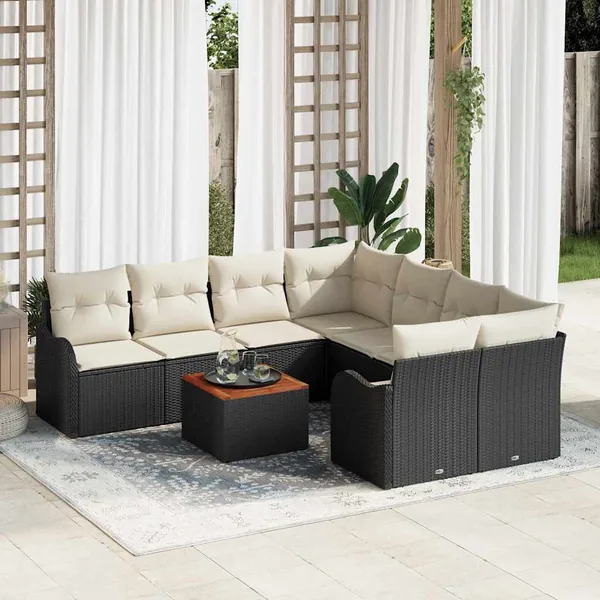 Ensemble de canapé de jardin 9 pcs Noir et Crème polyrotin