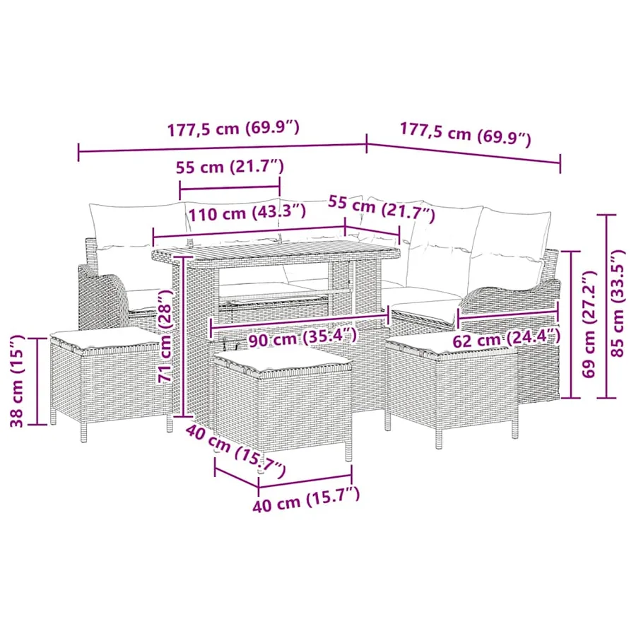 Ensemble de canapé de jardin avec coussin 9 pcs Gris - 18