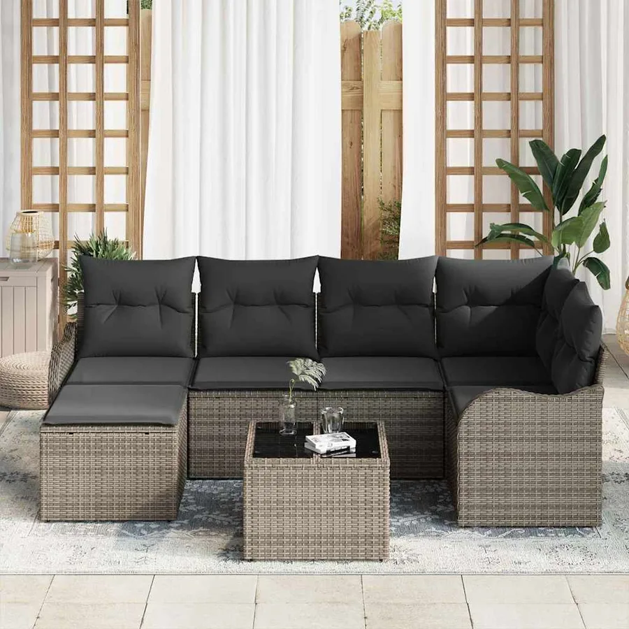 Ensemble de canapé de jardin avec coussin 7 pcs Gris Poly rotin - 3