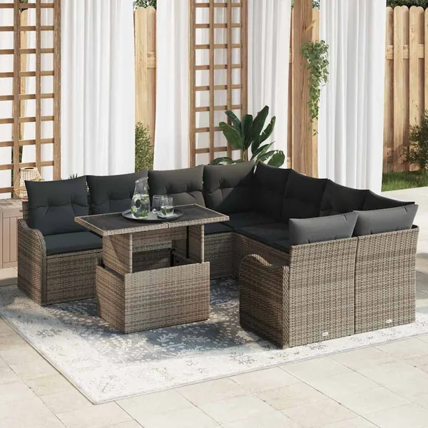 Ensemble de canapé de jardin avec coussin 9 pcs Gris Polyrotin