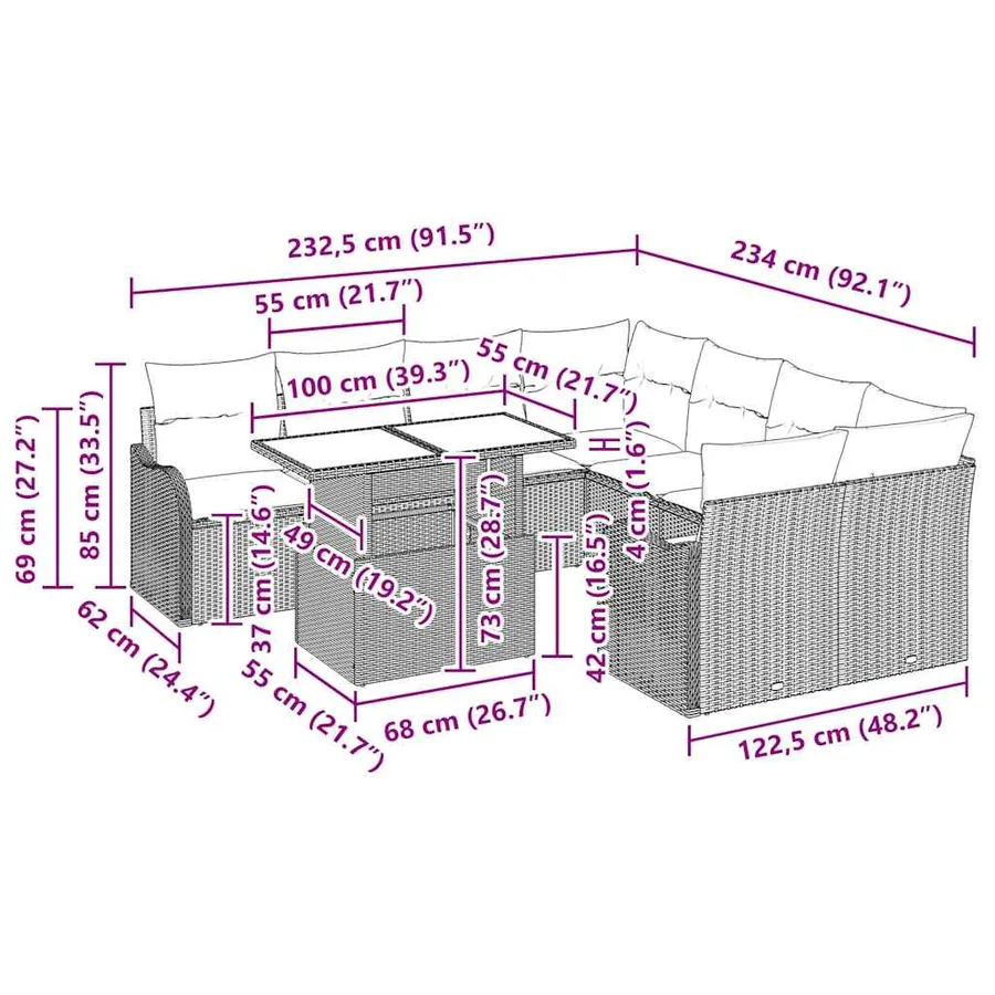 Ensemble de canapé de jardin avec coussin 9 pcs Gris Polyrotin - 15
