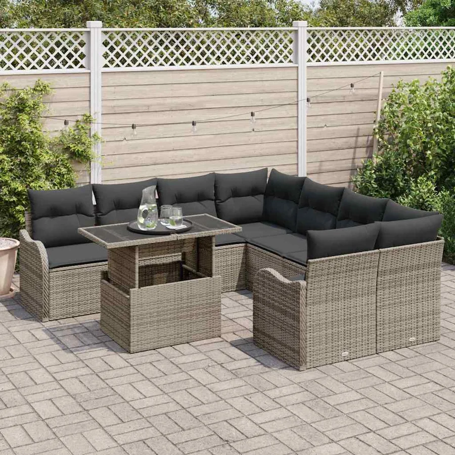 Ensemble de canapé de jardin avec coussin 9 pcs Gris Polyrotin - 3