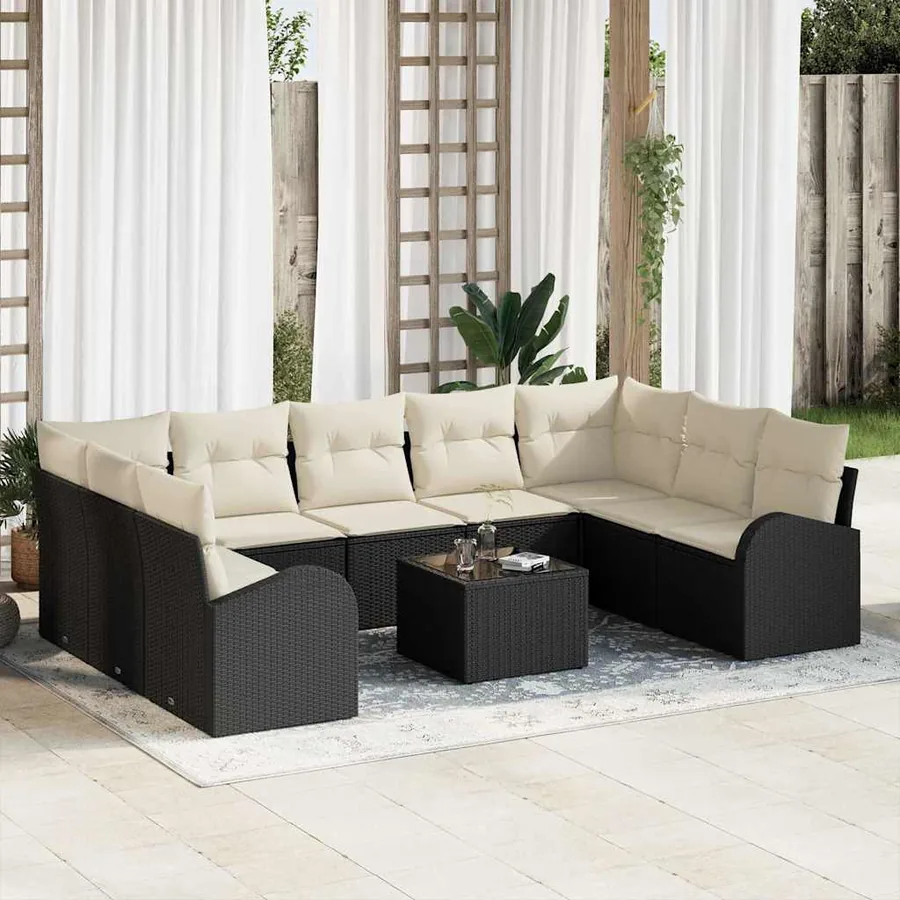 Ensemble de canapé de jardin 10 pcs Noir et Blanc polyrotin