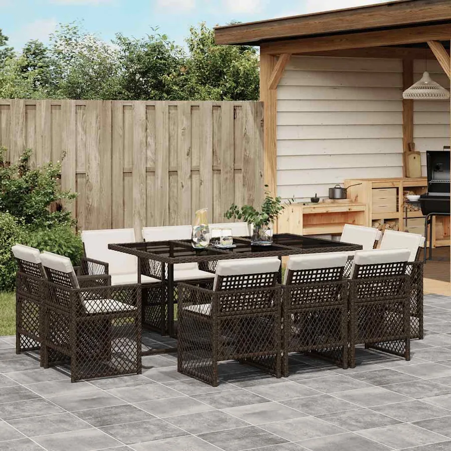 Ensemble à manger de jardin et coussins 11 pcs marron rotin