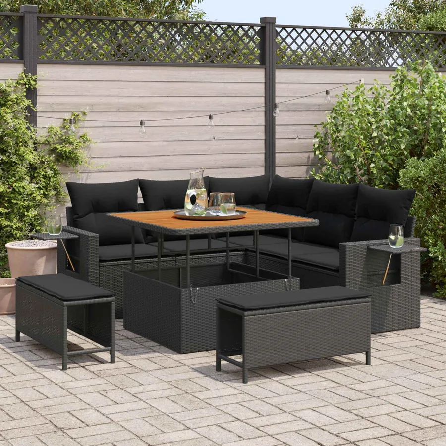 Ensemble de canapé de jardin avec coussin 9 pcs Noir polyrotin