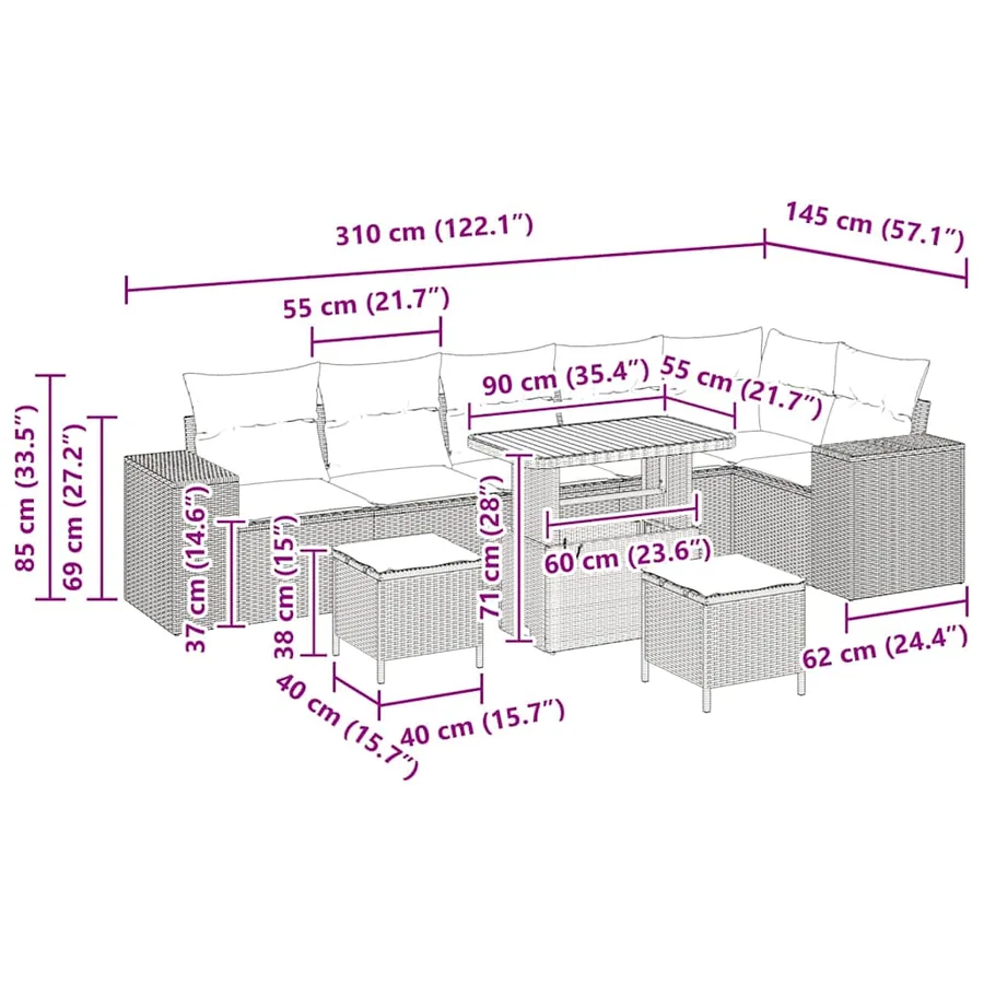 Ensemble de canapé de jardin 9 pcs Beige et Gris clair - 18