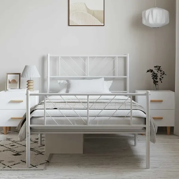 Cadre de lit métal sans matelas et pied de lit blanc 100x190 cm