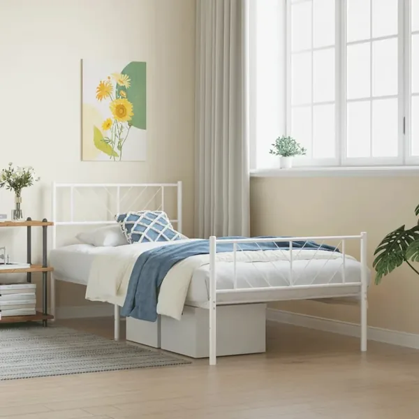 Cadre de lit métal sans matelas et pied de lit blanc 107x203 cm