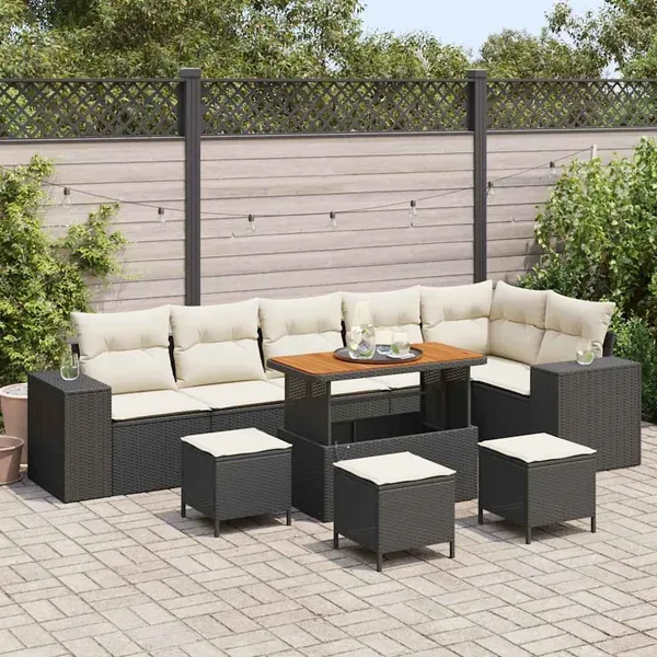 Ensemble de canapé de jardin 10 pcs Noir et Crème polyrotin