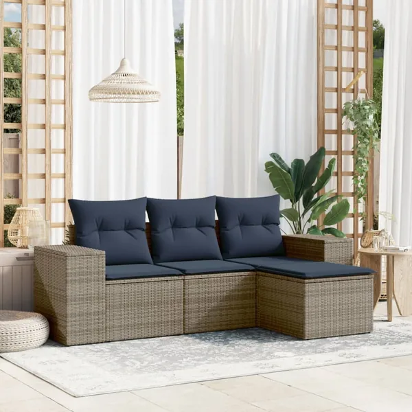 Ensemble de canapé de jardin 4 pcs avec coussins gris résine tressée